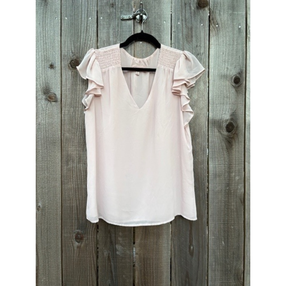 Philosophy Pink Ruffle Sleeve Blouse Top V Neck Smocked‎ Detail Large